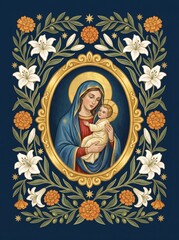Fototapeta premium Virgin Mary holding infant Jesus in ornate golden frame, surrounded by lilies, marigolds, olive branches and stars on dark blue background, sacred Christian illustration.