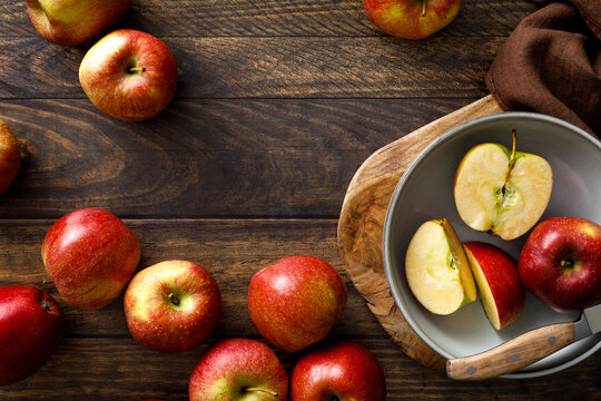 Apple. Ripe juicy red apple fruits with natural vitamins and antioxidant, healthy food, top view