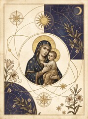 Fototapeta premium Madonna and Child framed by celestial astronomy chart, with golden halos, starry blue mantle, sun, moon, compass, lilies and olive branches on vintage parchment.