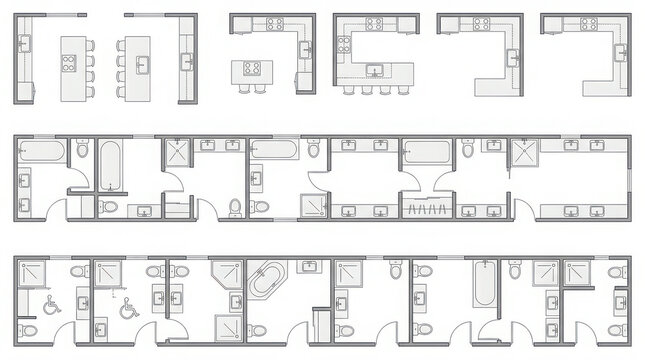 Architectural floor plan icons of modern kitchens and bathrooms with plumbing and kitchen appliances.