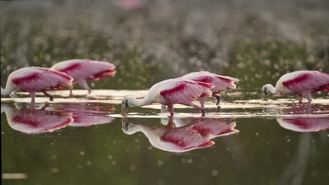 Pink roseate spoonbill flying away from a group of birds in a shallow pon