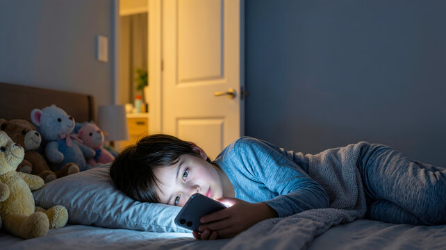 Young boy lying in bed at night using a smartphone in a dark bedroom. The blue light from the screen illuminates his face while he scrolls through his mobile device near teddy bears.