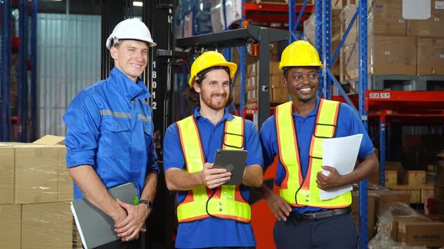 Quality control, discussion and people in warehouse with tablet, coordination and distribution. Logistics, manager and checklist in storage facility with delivery, export or shipping in supply chain
