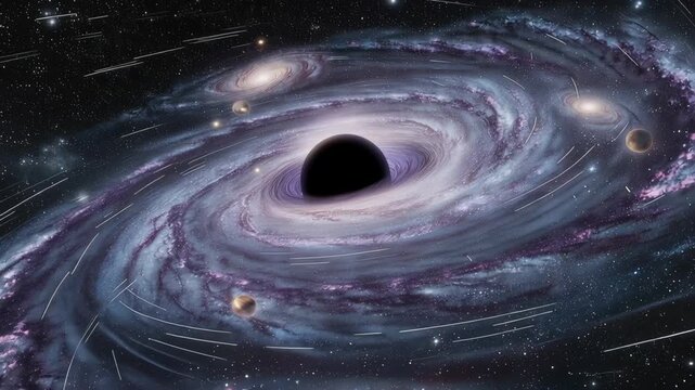 Massive black hole swirling at center of spiral galaxy with stars and cosmic dust creating deep space astronomy scene about gravity universe mystery science exploration and powerful galactic energy
