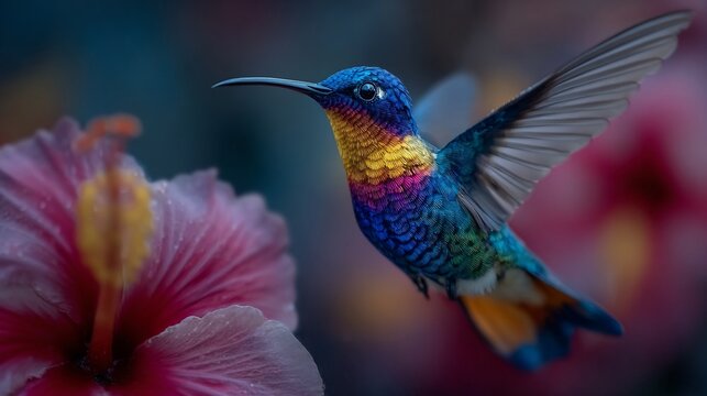 Hummingbird hovering in vibrant tropical garden captures nature's beauty and grace