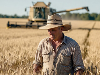 Fototapeta premium A farmer operating a combine harvester in a wheat field next to a combine harvester