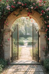 Obraz premium An ancient stone archway forms the medieval entrance to the castle and garden wall