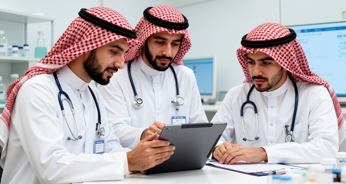 Saudi arab doctors working with a tablet.
