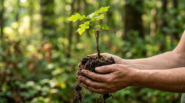 Hands holding young oak sapling with root ball in forest