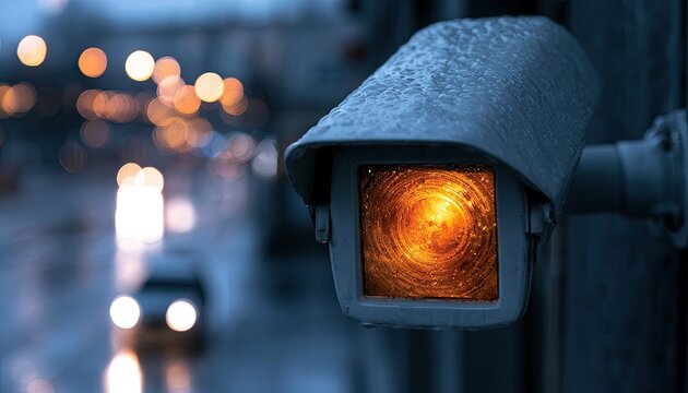 Close-up of traffic camera lens, illuminated with an orange glow