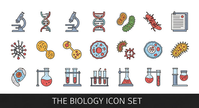 Of biology including cells, dna, microscopes, plants, animals, and lab equipment flower