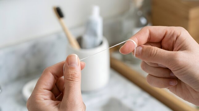 ​Close up view of a person hands holding dental floss over a bright marble bathroom counter