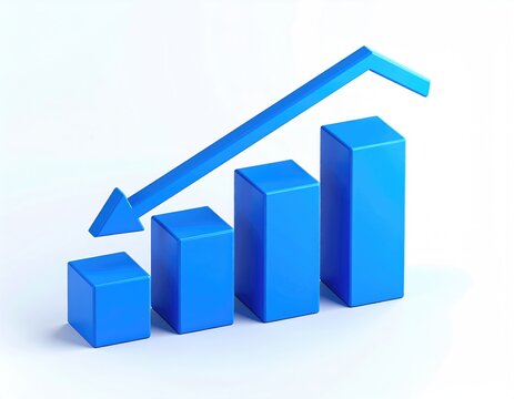 3D blue bar chart with downward trending arrow