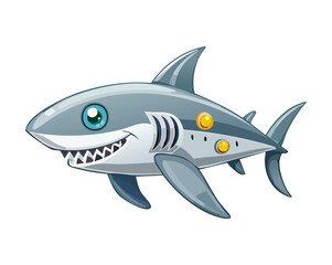 Naklejka premium Sleek underwater cybernetic shark robot vector illustration featuring high tech propulsion fins and steel metallic body joints for gaming symbols assets