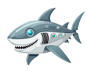 Fototapeta premium Friendly cartoon mechanical shark robot vector with shining silver metallic armor plates and happy smiling face for children tech design assets