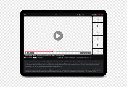 Video player template with side playlist night dark mode for web and mobile apps on tablet pc screen display isolated on transparent background. Vector illustration