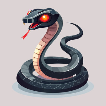 Coiled black cobra snake vector illustration with a large threatening hood and glowing red eyes for dark magic fantasy game enemies assets