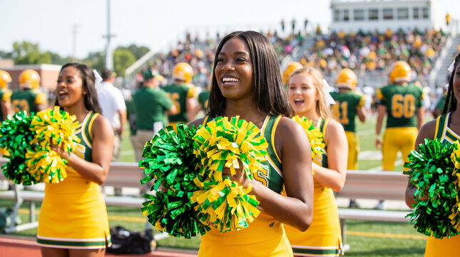 Diverse cheerleaders in yellow and green uniforms with pom-poms at a football game