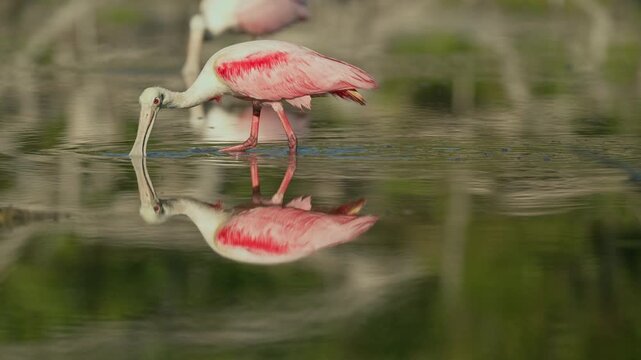 Male and Female roseate spoonbills foraging in an Everglades pond