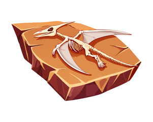 Ancient pterodactyl dinosaur skeleton fossil embedded deeply inside a brown sedimentary rock layer for geology studies and historical educational prints © firstcolor