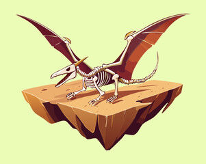 Detailed flying reptile pterodactyl fossil skeleton displayed openly on a stone platform for archeology museums and paleontology educational textbook illustrations © firstcolor