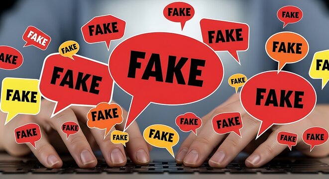 Hands typing on a keyboard surrounded by many floating red and yellow speech bubbles with the word fake written in bold black capital letters