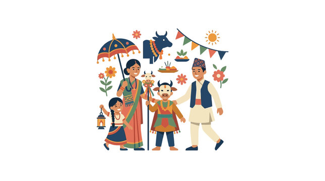 Happy Nepali Family Celebrating Tihar Festival Illustration