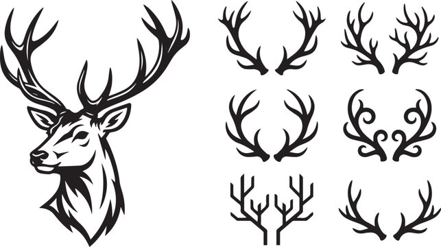 Black deer head mascot set featuring a detailed stag portrait and six unique pairs of creative antler designs vector on white background