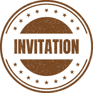 Rustic brown circular stamp icon design featuring the word invitation with decorative outer star elements