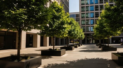 Modern courtyard lined with trees and planters. Sunlight casts shadows on paved ground between tall buildings. Urban green space offers calm oasis for city dwellers.