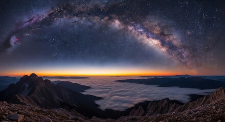 Obraz premium Majestic panoramic view of the Milky Way galaxy arch stretching over high rocky mountains and a thick blanket of clouds at twilight
