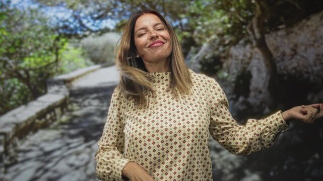 Middle age hispanic woman smiling and playing air guitar with outstretched hand in studio; playful joy.