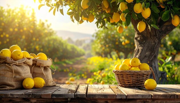 A vibrant Mediterranean orchard scene with a large fruitful [LEMON] tree standing clearly on the right side of the image. In the background, multiple [LEMON] trees appear softly out of focus 