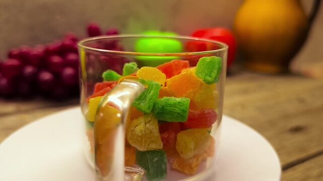 dried fruit cubes in a glass bowl	
