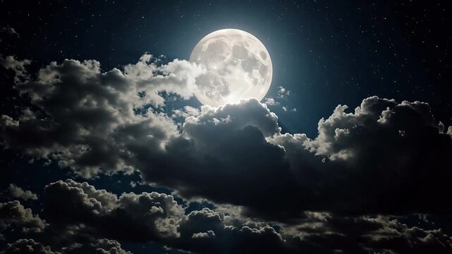 Full moon in night sky with clouds