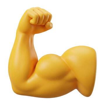 3D strong yellow flexed bicep arm muscle icon. Isolated on transparent background, png