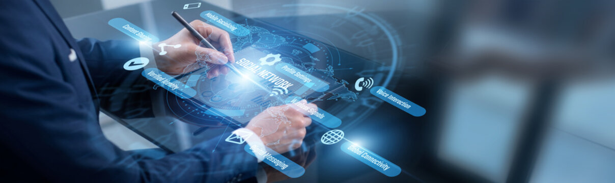Community moderator point of vast social network. Moderator using tablet filtering digital content across the global media network. Fostering positive spaces and blocking online toxicity.