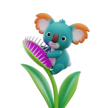 Teal 3d koala character sitting on a venus flytrap
