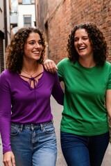 Fototapeta premium Two smiling young women with curly hair walk arm in arm down a city alleyway between brick buildings. Friends share a happy moment while exploring urban streets together outdoors during daytime.