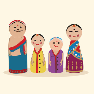 Cute vector illustration of a traditional Bengali family represented as colorful folk dolls on a light cream background. Cultural South Asian artwork featuring parents and children in ethnic attire, s