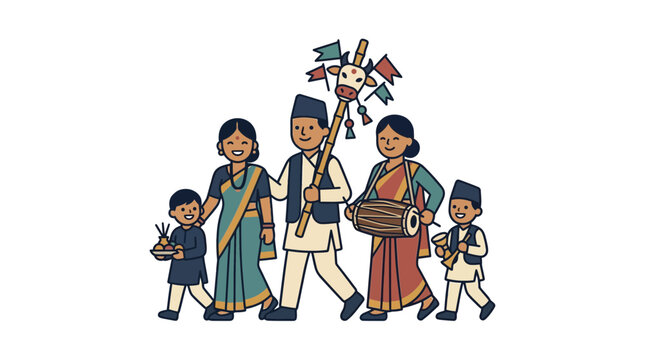 Illustration of a Nepali Family Celebrating Traditional Festival with Musical Instruments