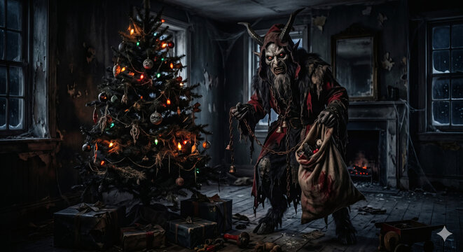 Creepy Krampus Christmas Demon with Sack in Dark Abandoned Room