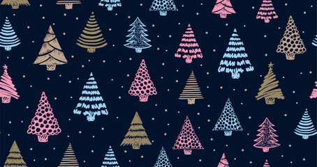 Obraz premium Christmas tree white on blue, hand drawn illustrations.