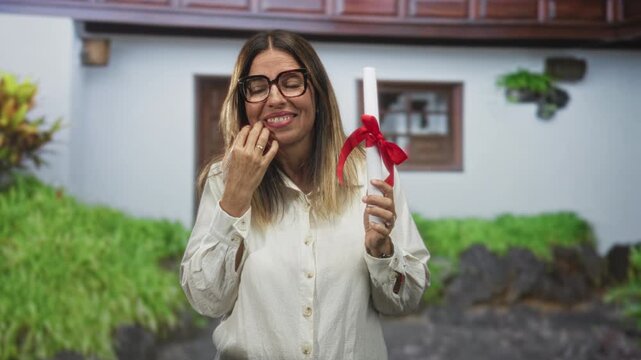 Middle aged hispanic woman holding diploma scroll tied with red ribbon, finger to cheek gesture, wearing glasses and smiling outside a building; quiet pride.