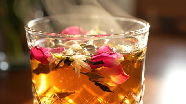Macro shot of a hot herbal tea infusion in a cut glass featuring floating dried rose petals and white jasmine buds with rising steam and soft warm golden lighting.