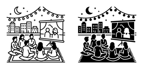 Fototapeta premium Outdoor movie night, vector illustrations, black and white, people watching films, urban setting