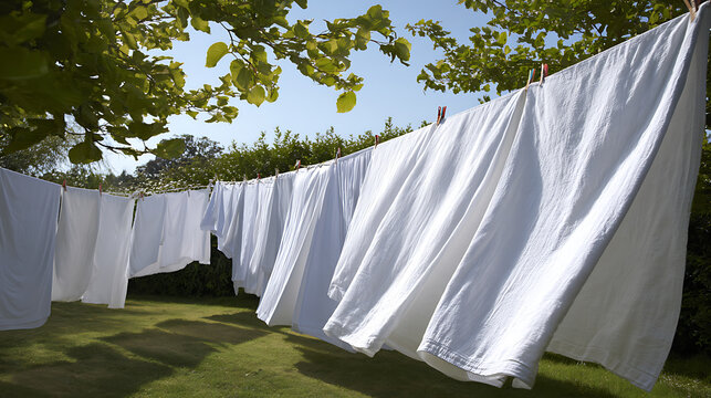 Fresh White Sheets Hang on Clothesline to Dry Outdoors, Sway Gently in Breeze Under Sunlight with Lush Greenery Background