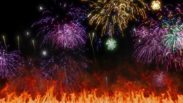 Vibrant fireworks exploding against a black background with a wall of flames and smoke at the bottom