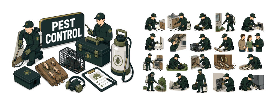 Pest Control Service banner showing two exterminators around an oversized spray canister and giant service toolbox, bug trap, termite board, rat cage, protective mask, and inspection card filling all