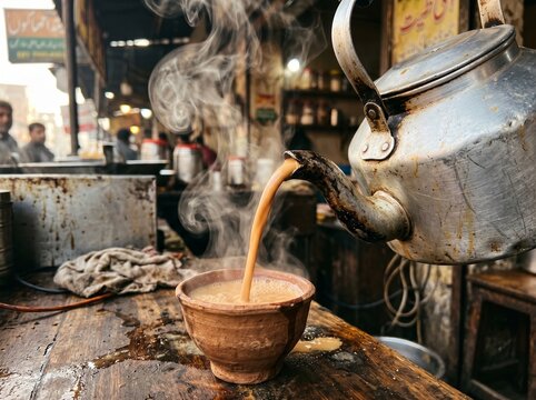Steaming doodh patti chai poured into glass at traditional roadside dhaba, warm milk tea with rising steam, authentic  tea culture close-up